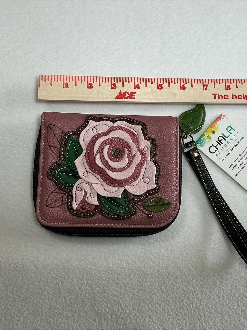 Chala Handbags Rose Zip Around Wallet Wristlet Dusty Pink Mauve Floral NWT